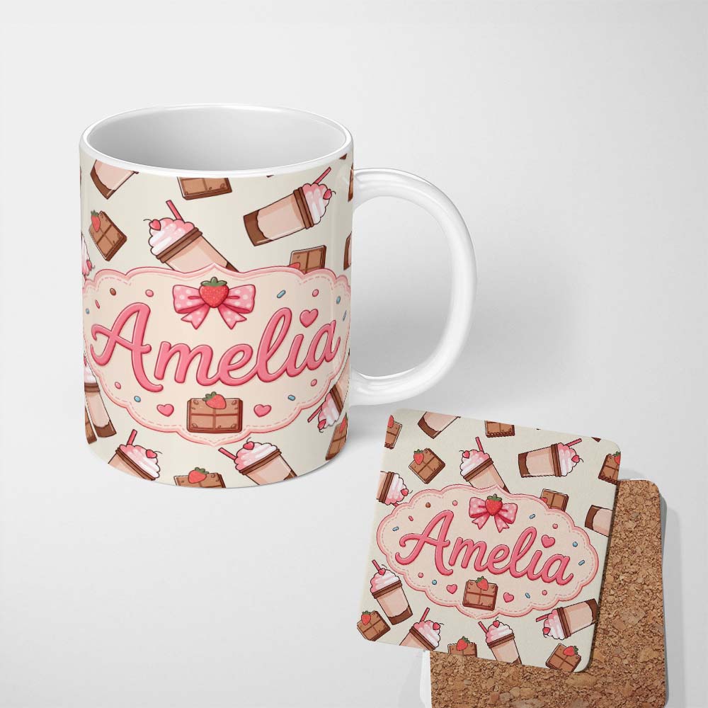 Personalized Custom Name Cute Chocolate Strawberry Milkshake Cream Background Seamless 11oz Ceramic Coffee Tea Mug White Large Handle