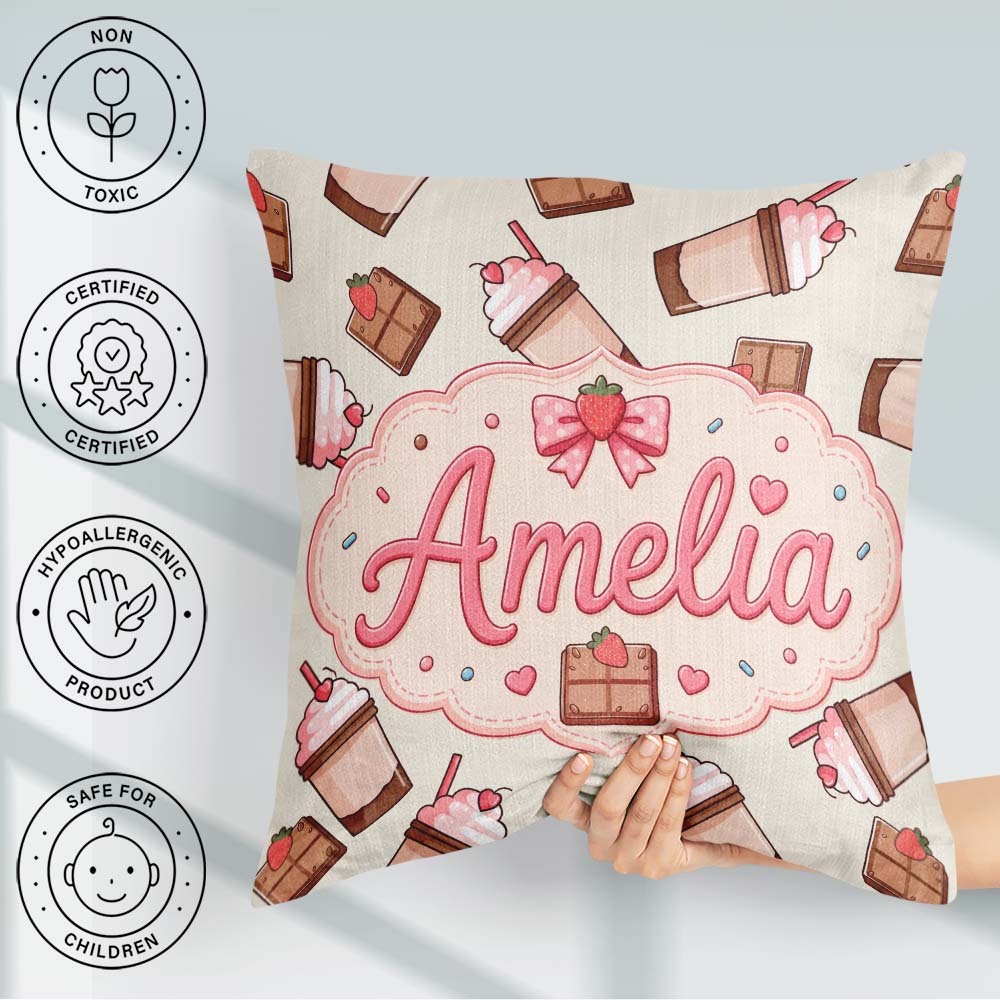Custom Name Cute Chocolate Strawberry Milkshake Cream Background Square Filled Cushion Throw Pillow Sofa Bed Home Decor Zip Washable UK Made