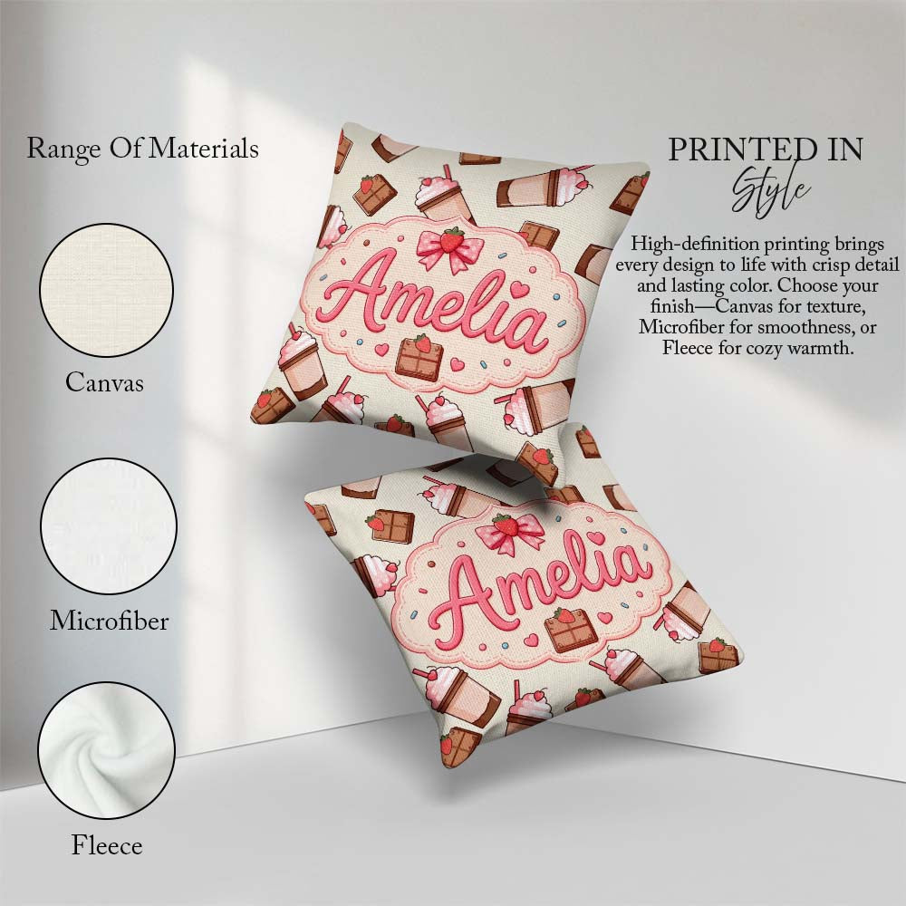 Custom Name Cute Chocolate Strawberry Milkshake Cream Background Square Filled Cushion Throw Pillow Sofa Bed Home Decor Zip Washable UK Made