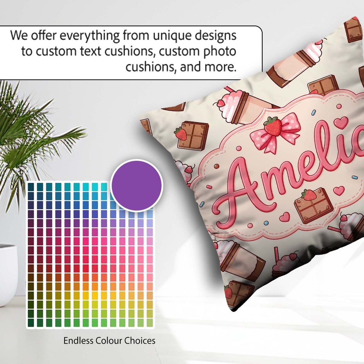 Custom Name Cute Chocolate Strawberry Milkshake Cream Background Square Filled Cushion Throw Pillow Sofa Bed Home Decor Zip Washable UK Made