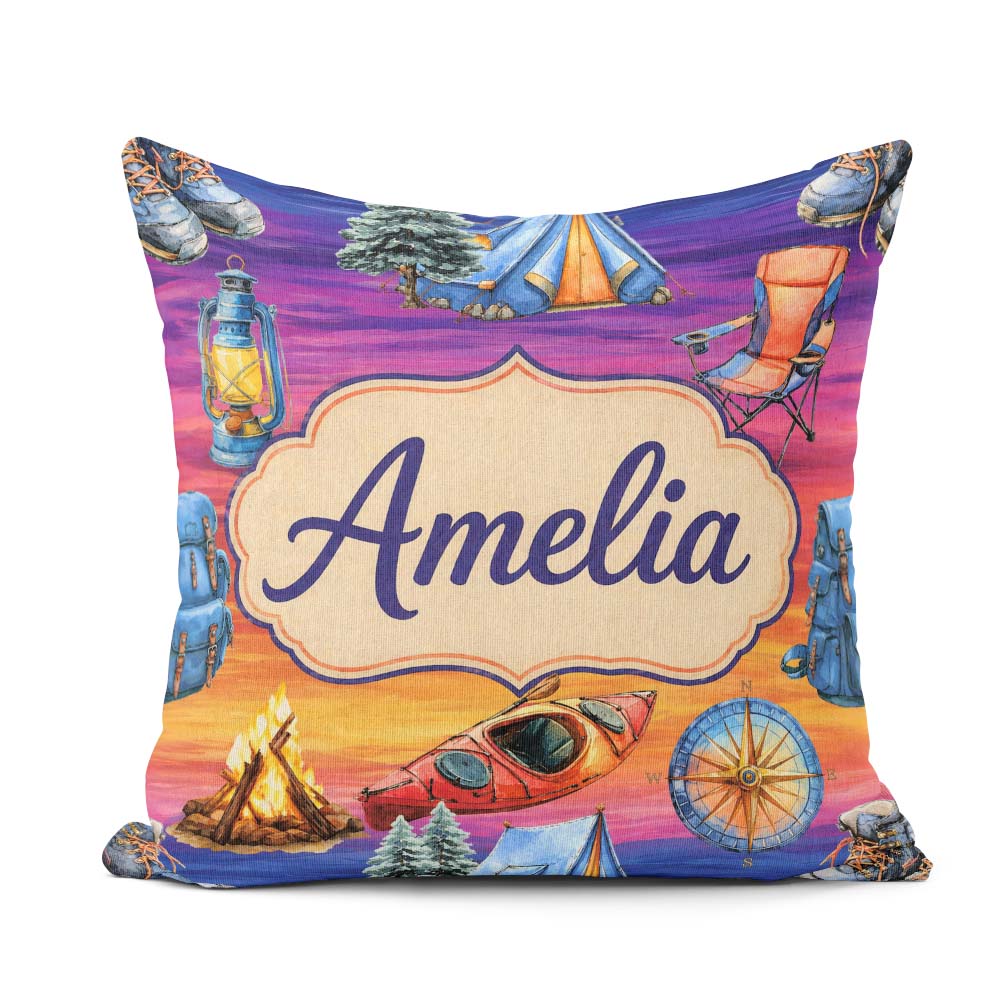 Custom Name Sunset Camping Outdoor Equipment Seamless Pattern Square Filled Cushion Throw Pillow Sofa Bed Home Decor Zip Washable UK Made