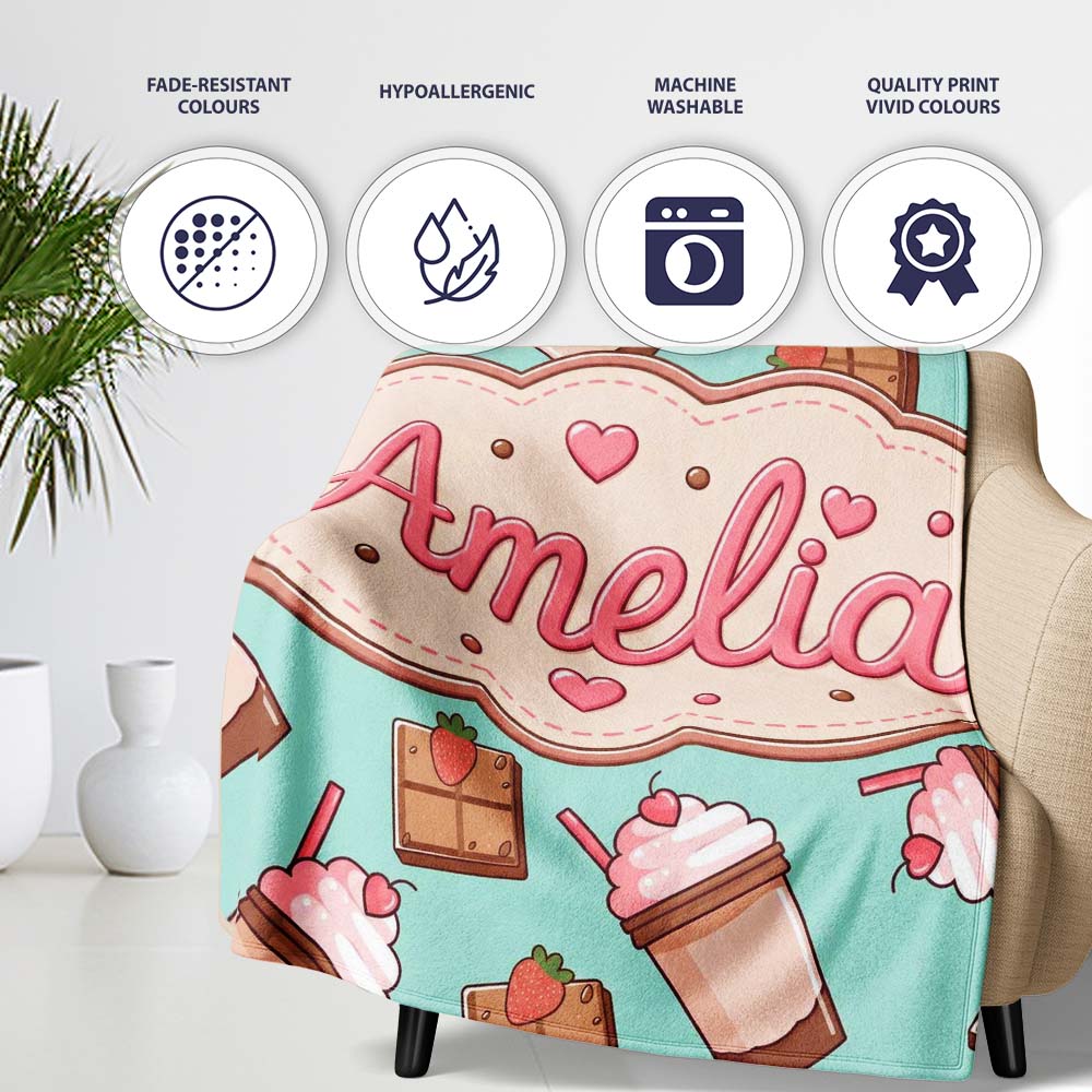 Cute Chocolate Strawberry Milkshake Mint Background Seamless Personalised Custom Name Super Soft Fleece Blanket Bed Sofa Throw