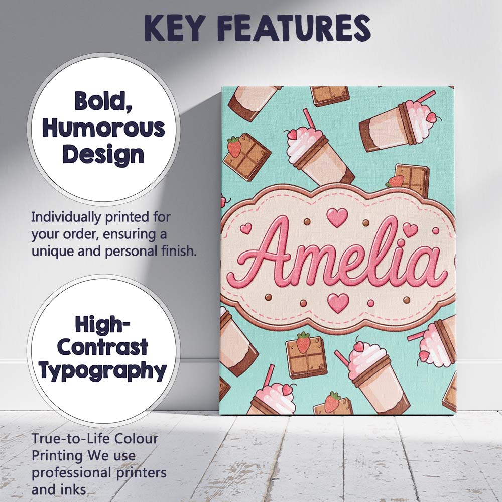 Personalised Name Cute Chocolate Strawberry Custom Bespoke Interior Contemporary Canvas Wall Art Print Decor Picture Ready to Hang