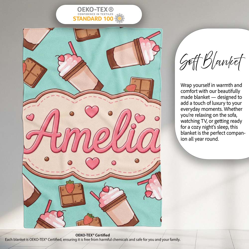 Cute Chocolate Strawberry Milkshake Mint Background Seamless Personalised Custom Name Super Soft Fleece Blanket Bed Sofa Throw