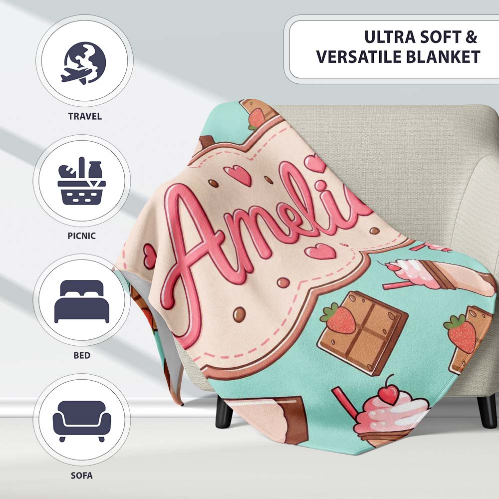 Cute Chocolate Strawberry Milkshake Mint Background Seamless Personalised Custom Name Super Soft Fleece Blanket Bed Sofa Throw