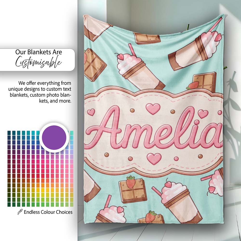 Cute Chocolate Strawberry Milkshake Mint Background Seamless Personalised Custom Name Super Soft Fleece Blanket Bed Sofa Throw