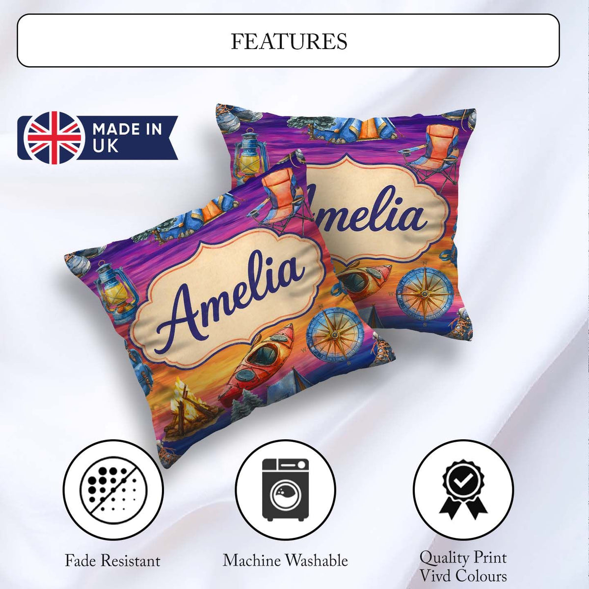 Custom Name Sunset Camping Outdoor Equipment Seamless Pattern Square Filled Cushion Throw Pillow Sofa Bed Home Decor Zip Washable UK Made