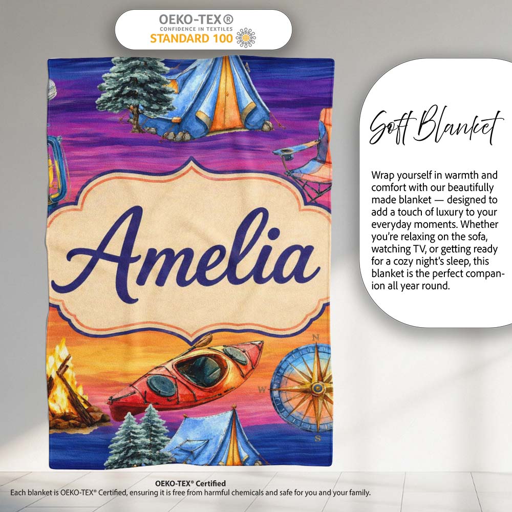 Sunset Camping Outdoor Equipment Seamless Pattern Cute Unique Gift Personalised Custom Name Super Soft Fleece Blanket Bed Sofa Throw