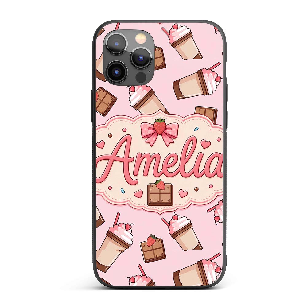 Cute Chocolate Strawberry Milkshake Soft Pink Custom Name Protective Phone Case Mobile Cover Durable Everyday Smartphone Shock Resistant