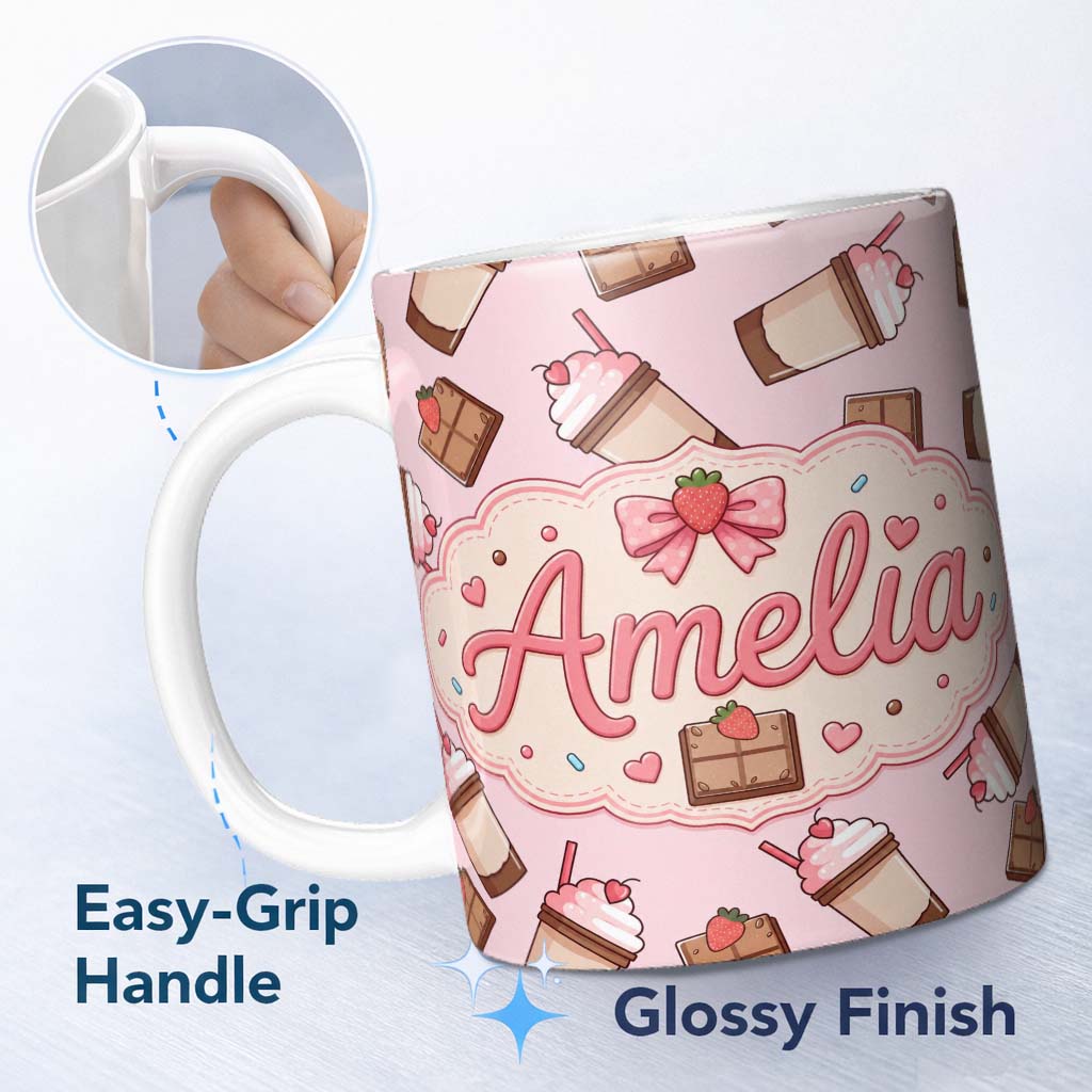 Personalized Custom Name Cute Chocolate Strawberry Milkshake Soft Pink Background Seamless 11oz Ceramic Coffee Tea Mug White Large Handle