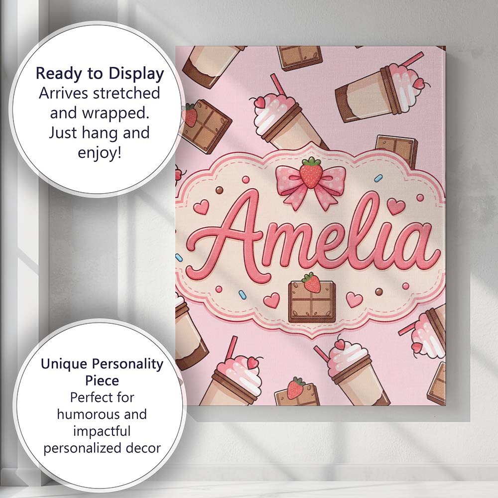 Personalised Name Cute Chocolate Strawberry Custom Bespoke Interior Contemporary Canvas Wall Art Print Decor Picture Ready to Hang