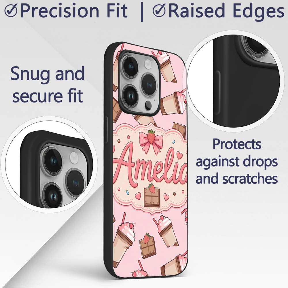Cute Chocolate Strawberry Milkshake Soft Pink Custom Name Protective Phone Case Mobile Cover Durable Everyday Smartphone Shock Resistant