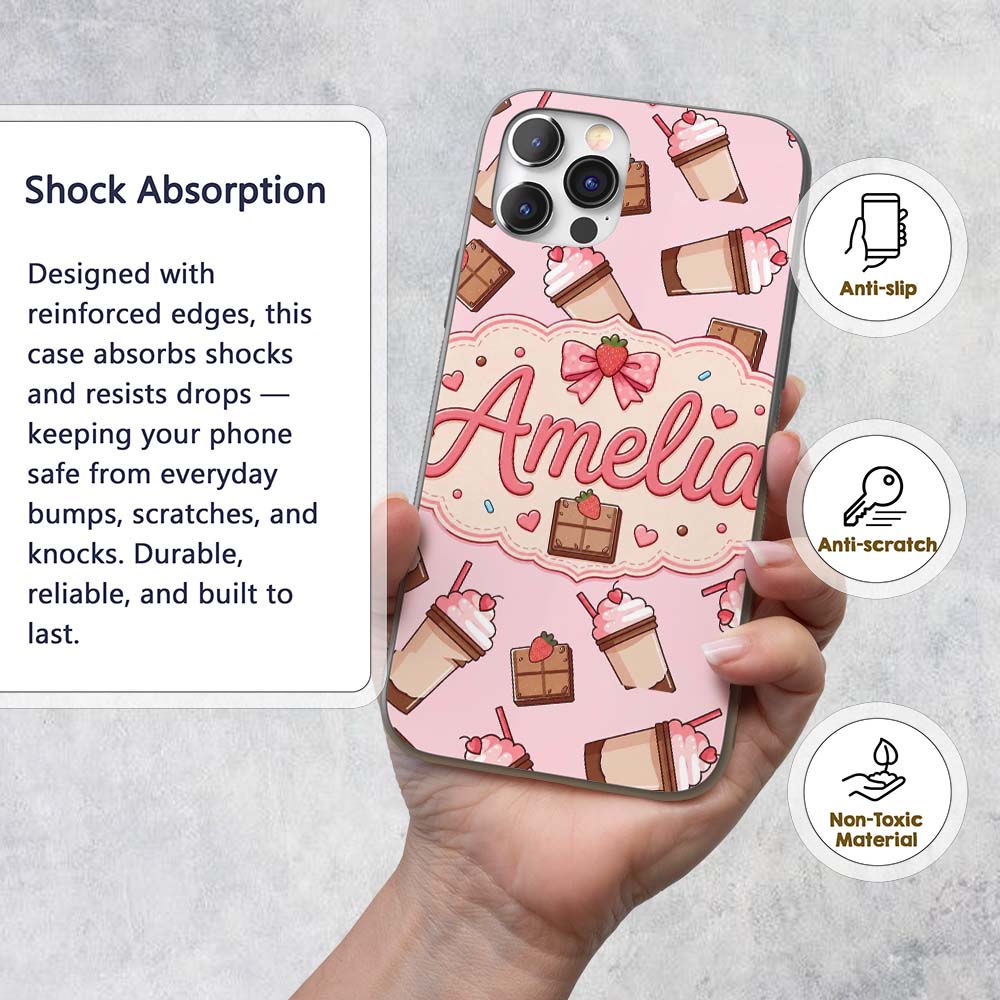 Cute Chocolate Strawberry Milkshake Soft Pink Custom Name Protective Phone Case Mobile Cover Durable Everyday Smartphone Shock Resistant