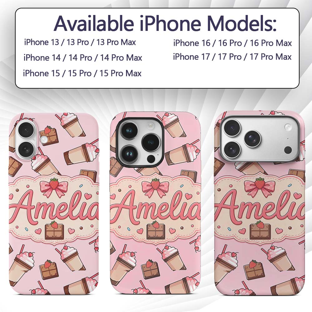 Cute Chocolate Strawberry Milkshake Soft Pink Custom Name Protective Phone Case Mobile Cover Durable Everyday Smartphone Shock Resistant