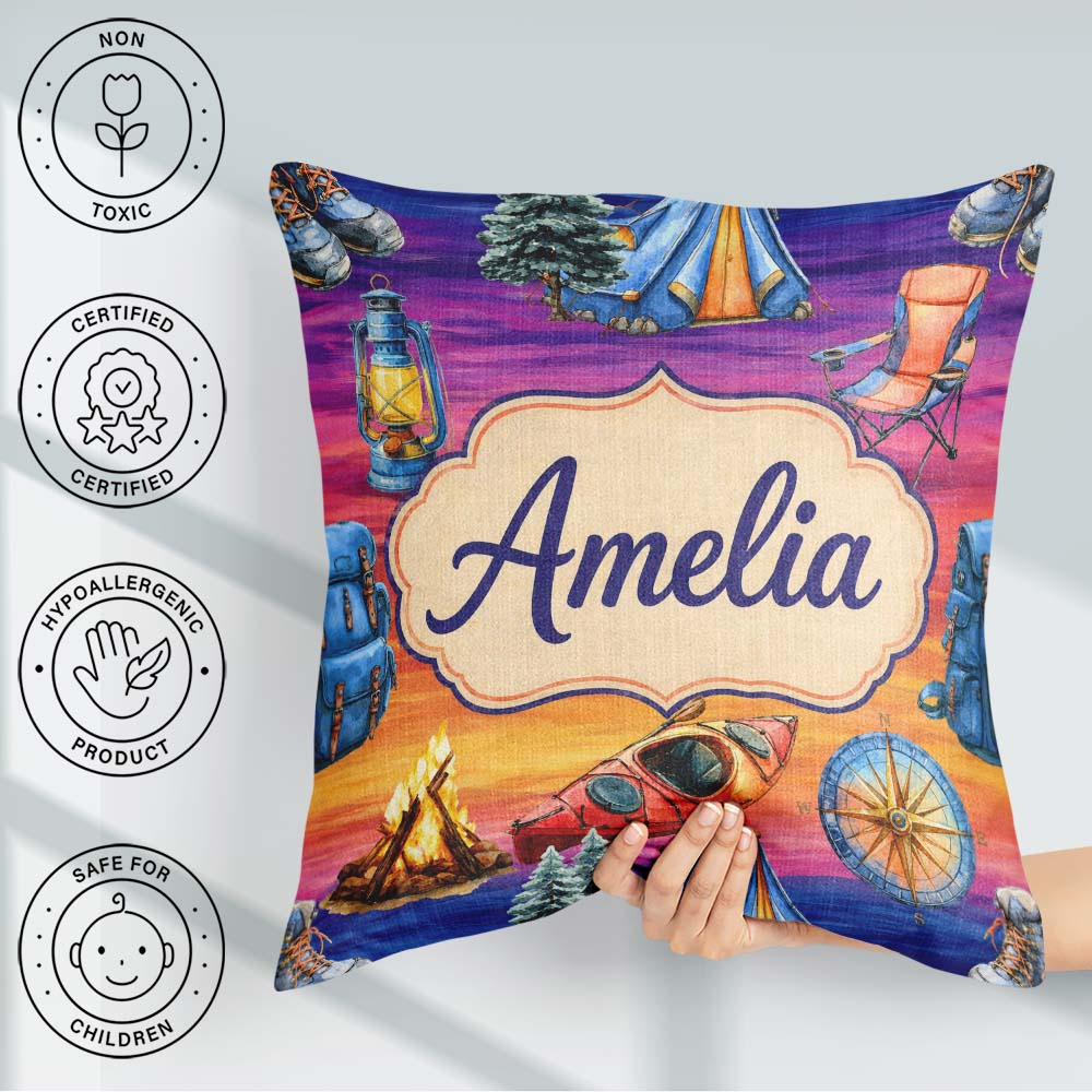 Custom Name Sunset Camping Outdoor Equipment Seamless Pattern Square Filled Cushion Throw Pillow Sofa Bed Home Decor Zip Washable UK Made