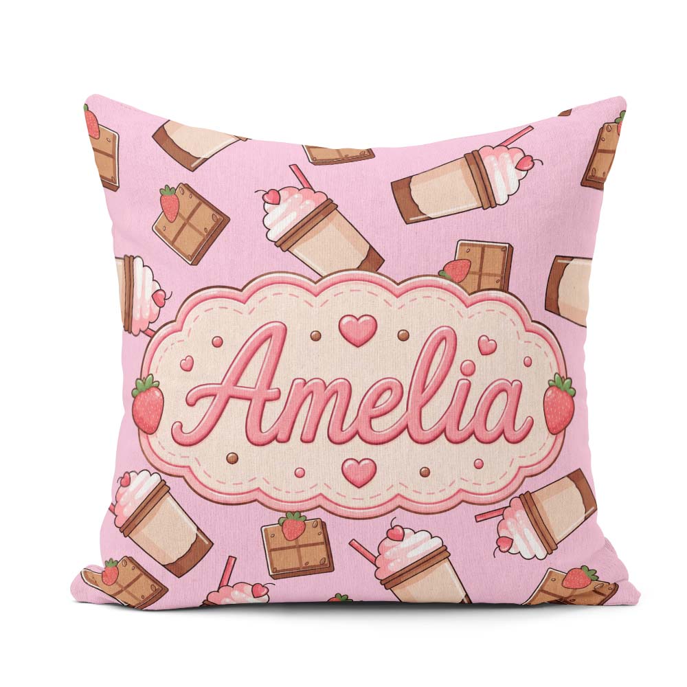 Custom Name Chocolate Strawberry Milkshake Blush Pink Background Square Filled Cushion Throw Pillow Sofa Bed Home Decor Zip Washable UK Made