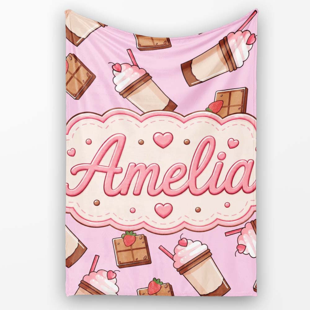 Cute Chocolate Strawberry Milkshake Blush Pink Background Seamless Personalised Custom Name Super Soft Fleece Blanket Bed Sofa Throw