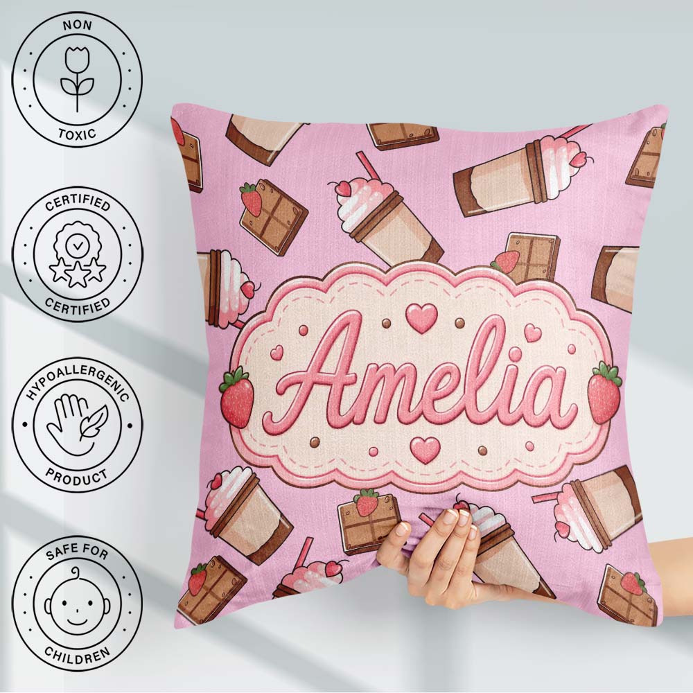 Custom Name Chocolate Strawberry Milkshake Blush Pink Background Square Filled Cushion Throw Pillow Sofa Bed Home Decor Zip Washable UK Made