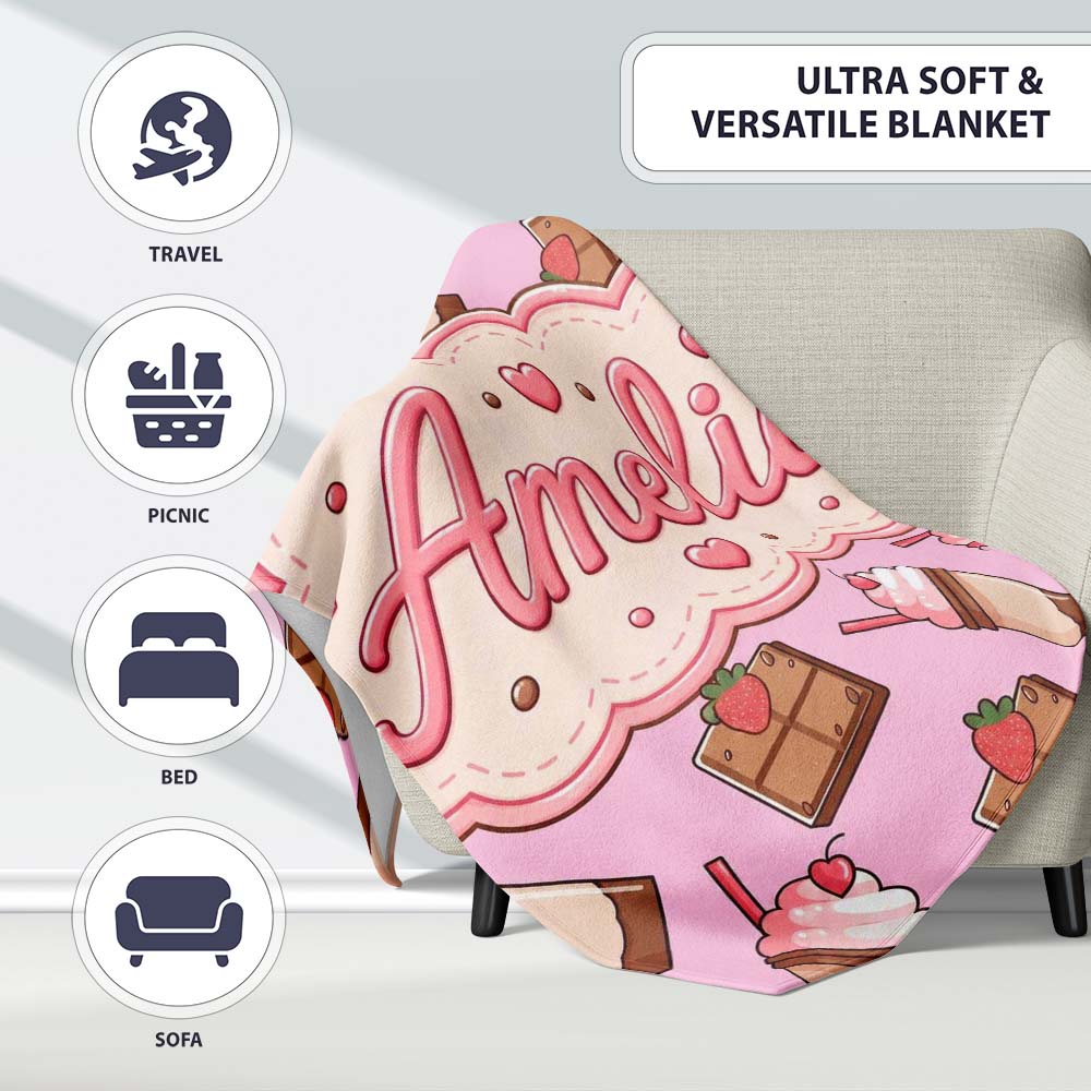 Cute Chocolate Strawberry Milkshake Blush Pink Background Seamless Personalised Custom Name Super Soft Fleece Blanket Bed Sofa Throw