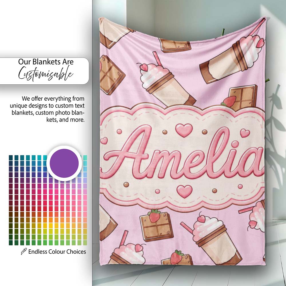 Cute Chocolate Strawberry Milkshake Blush Pink Background Seamless Personalised Custom Name Super Soft Fleece Blanket Bed Sofa Throw