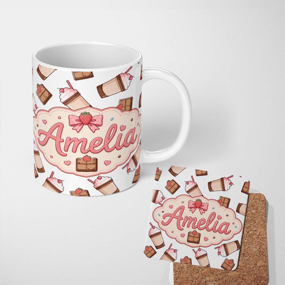Personalized Custom Name Cute Chocolate Strawberry Milkshake Light Grey Background Seamless 11oz Ceramic Coffee Tea Mug White Large Handle