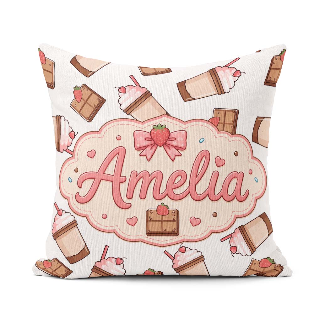 Custom Name Chocolate Strawberry Milkshake Light Grey Background Square Filled Cushion Throw Pillow Sofa Bed Home Decor Zip Washable UK Made