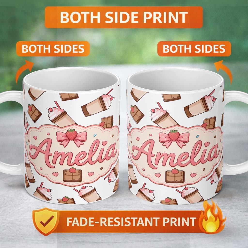 Personalized Custom Name Cute Chocolate Strawberry Milkshake Light Grey Background Seamless 11oz Ceramic Coffee Tea Mug White Large Handle