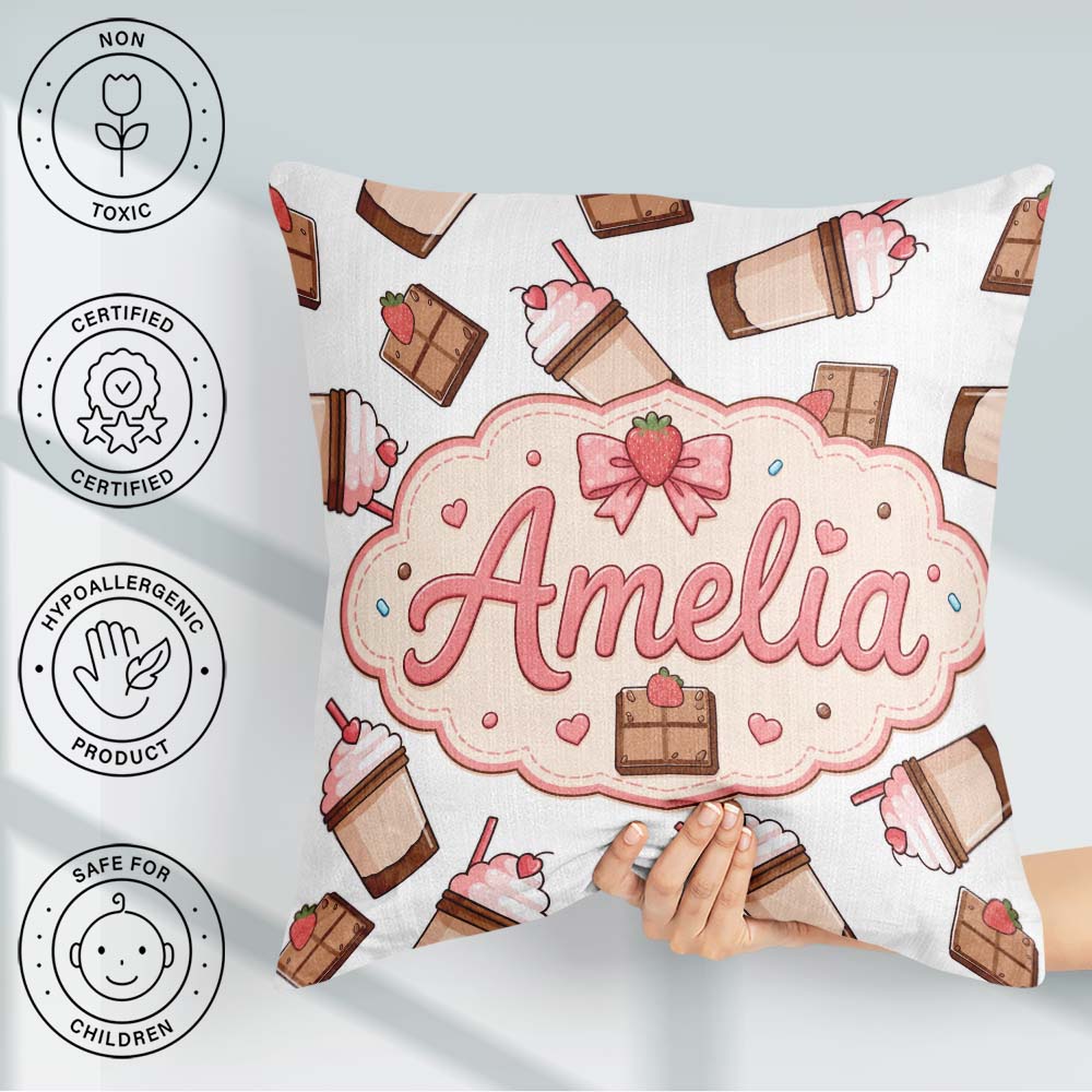 Custom Name Chocolate Strawberry Milkshake Light Grey Background Square Filled Cushion Throw Pillow Sofa Bed Home Decor Zip Washable UK Made