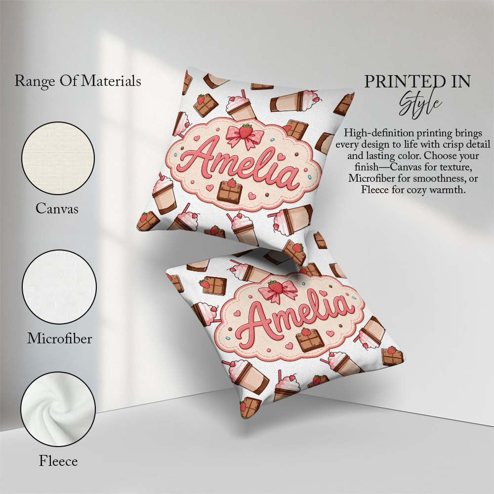 Custom Name Chocolate Strawberry Milkshake Light Grey Background Square Filled Cushion Throw Pillow Sofa Bed Home Decor Zip Washable UK Made