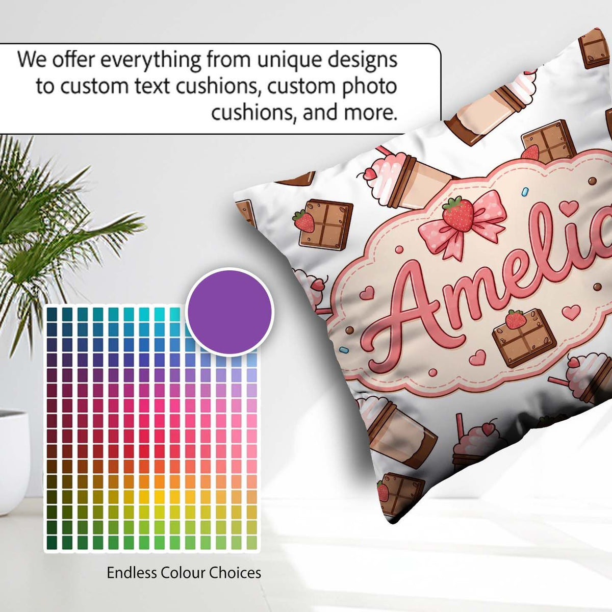Custom Name Chocolate Strawberry Milkshake Light Grey Background Square Filled Cushion Throw Pillow Sofa Bed Home Decor Zip Washable UK Made
