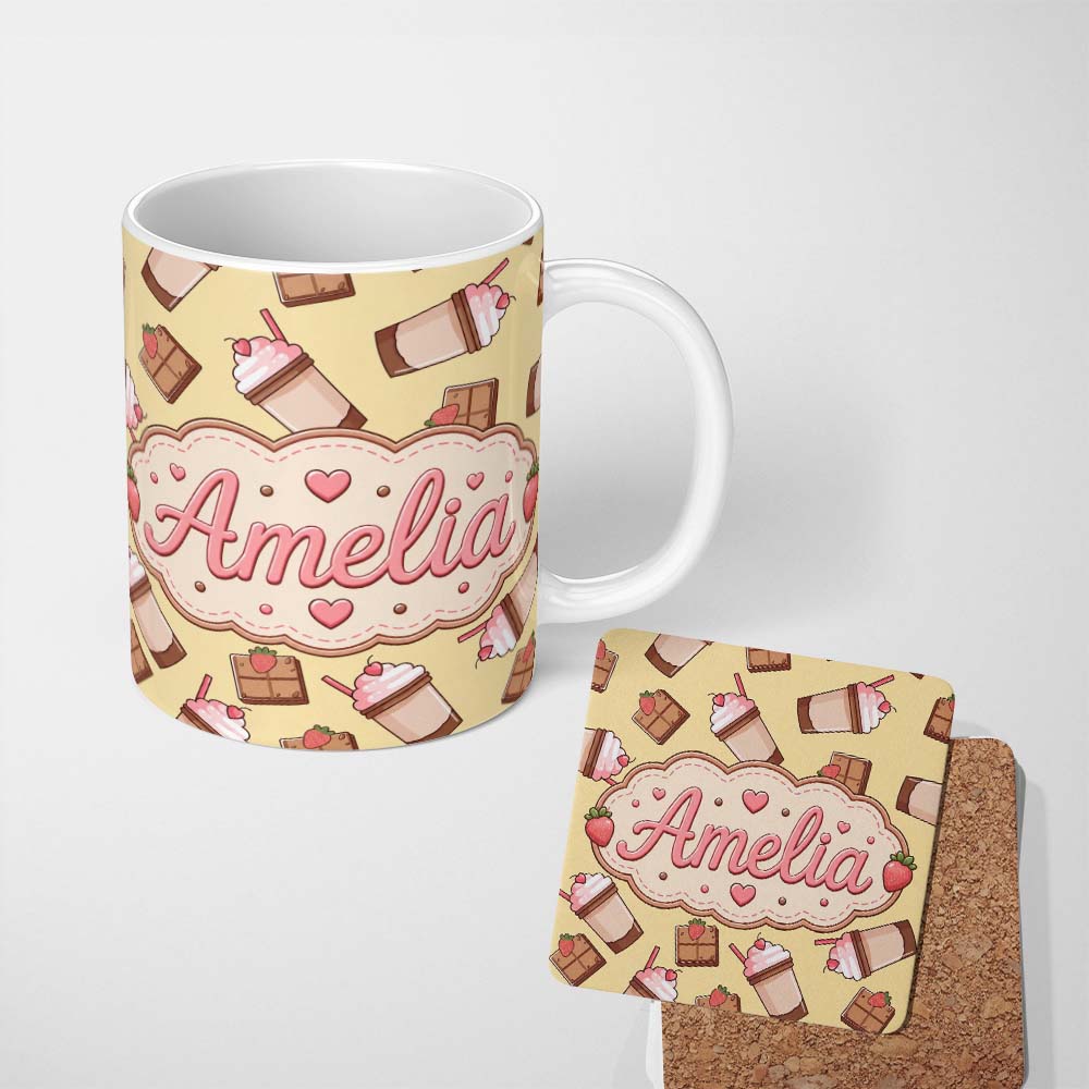Personalized Custom Name Cute Chocolate Strawberry Milkshake Yellow Background Seamless 11oz Ceramic Coffee Tea Mug White Large Handle