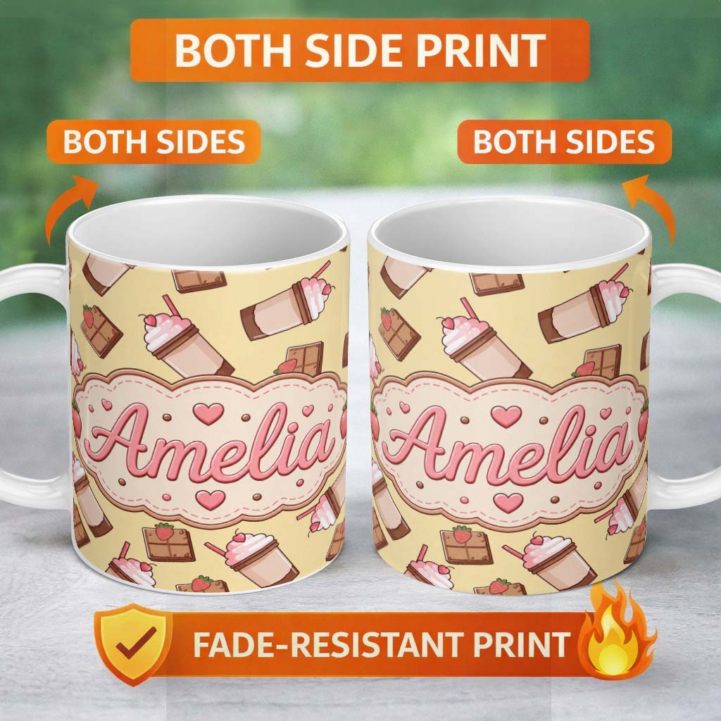 Personalized Custom Name Cute Chocolate Strawberry Milkshake Yellow Background Seamless 11oz Ceramic Coffee Tea Mug White Large Handle