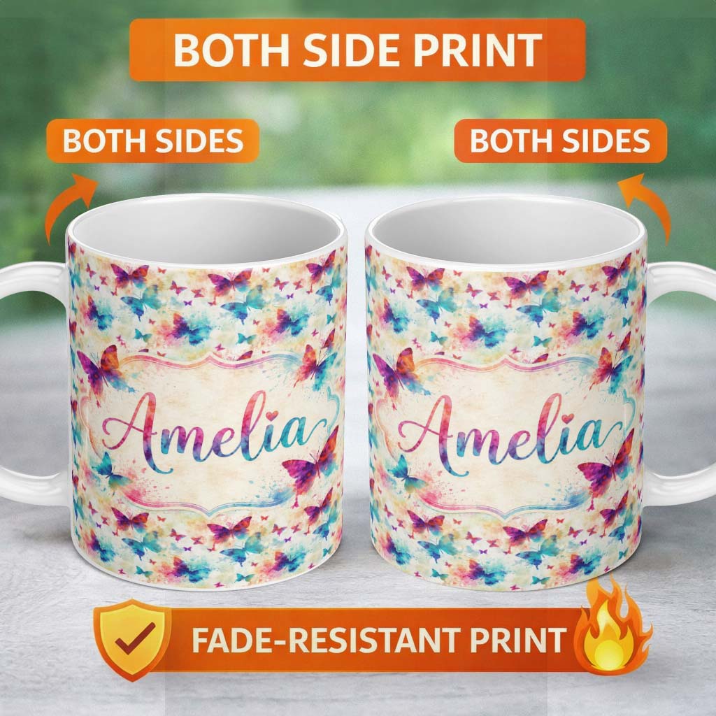 Personalized Custom Name Bright Watercolor Butterflies with Color Splash Effect Seamless 11oz Ceramic Coffee Tea Mug White Large Handle