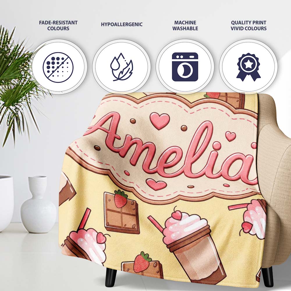 Cute Chocolate Strawberry Milkshake Yellow Background Seamless Personalised Custom Name Super Soft Fleece Blanket Bed Sofa Throw