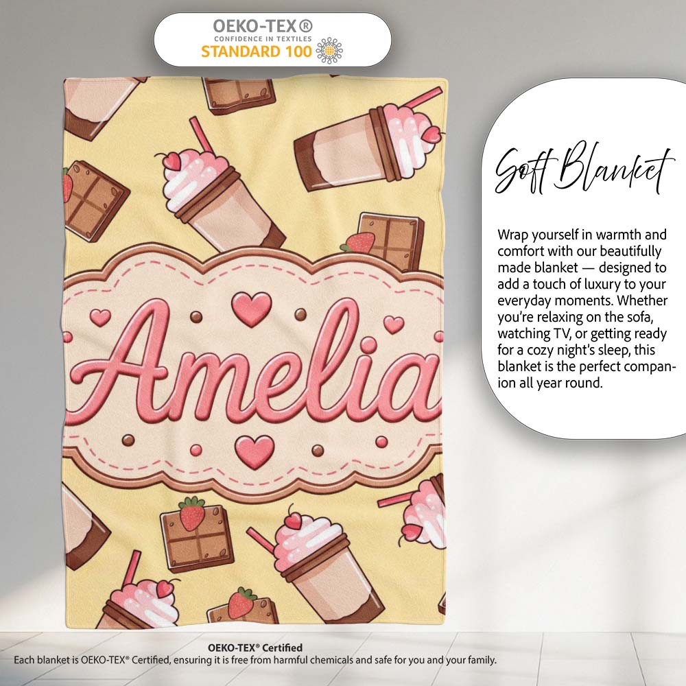 Cute Chocolate Strawberry Milkshake Yellow Background Seamless Personalised Custom Name Super Soft Fleece Blanket Bed Sofa Throw
