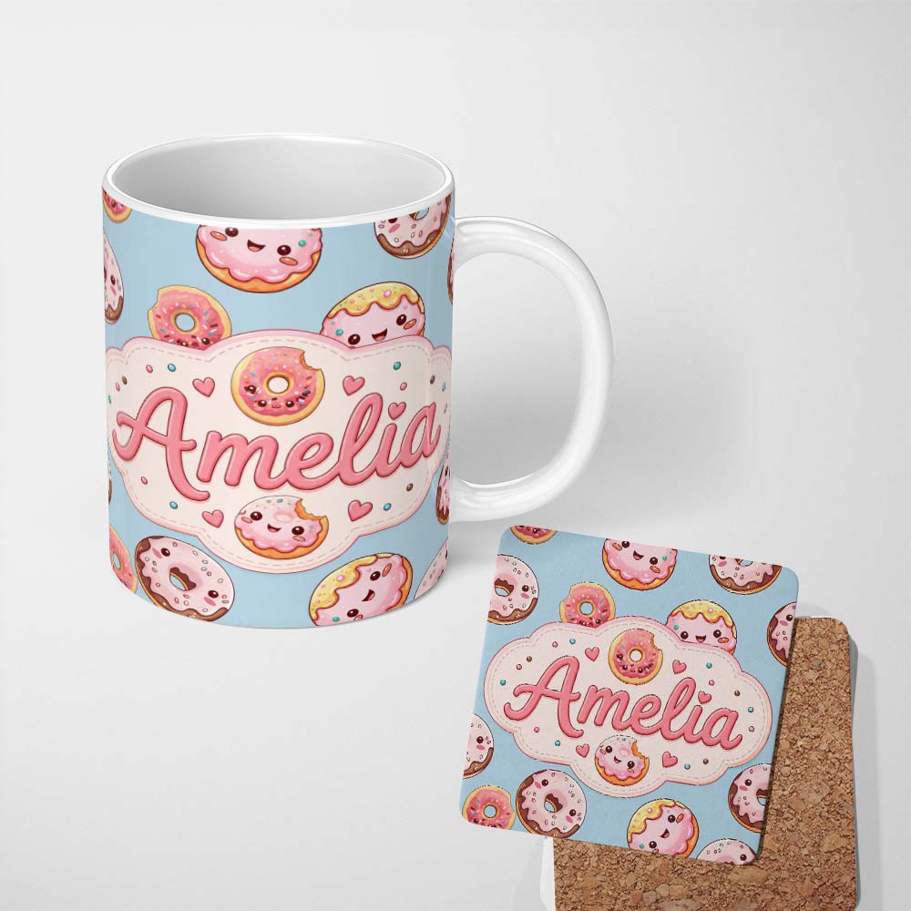 Personalized Custom Name Cute Kawaii Donuts with Pink Icing Blue Background Seamless Pattern 11oz Ceramic Coffee Tea Mug White Large Handle