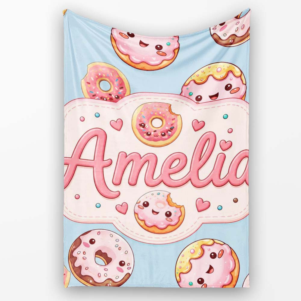 Cute Kawaii Donuts with Pink Icing Blue Background Seamless Pattern Personalised Custom Name Super Soft Fleece Blanket Bed Sofa Throw