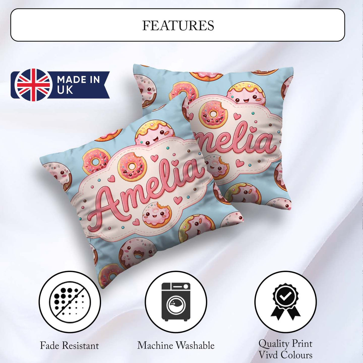 Custom Name Kawaii Donuts with Pink Icing Blue Seamless Pattern Square Filled Cushion Throw Pillow Sofa Bed Home Decor Zip Washable UK Made