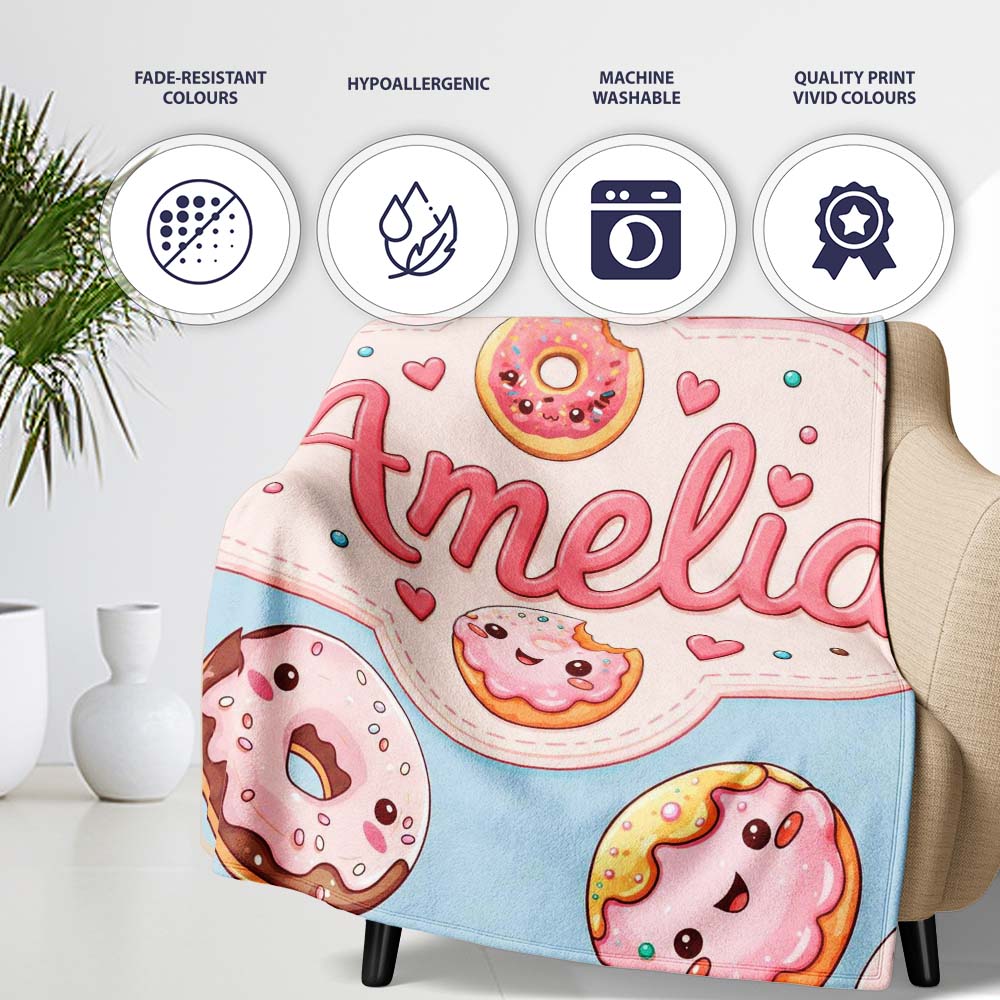 Cute Kawaii Donuts with Pink Icing Blue Background Seamless Pattern Personalised Custom Name Super Soft Fleece Blanket Bed Sofa Throw