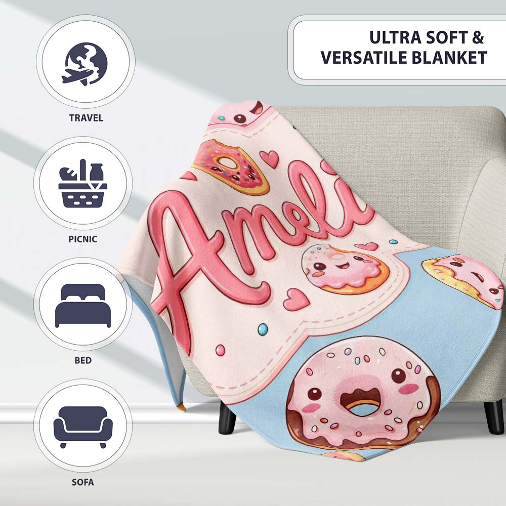 Cute Kawaii Donuts with Pink Icing Blue Background Seamless Pattern Personalised Custom Name Super Soft Fleece Blanket Bed Sofa Throw