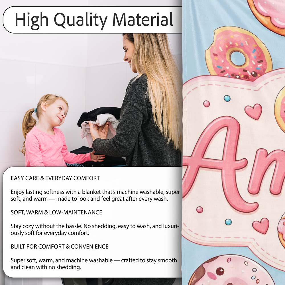 Cute Kawaii Donuts with Pink Icing Blue Background Seamless Pattern Personalised Custom Name Super Soft Fleece Blanket Bed Sofa Throw