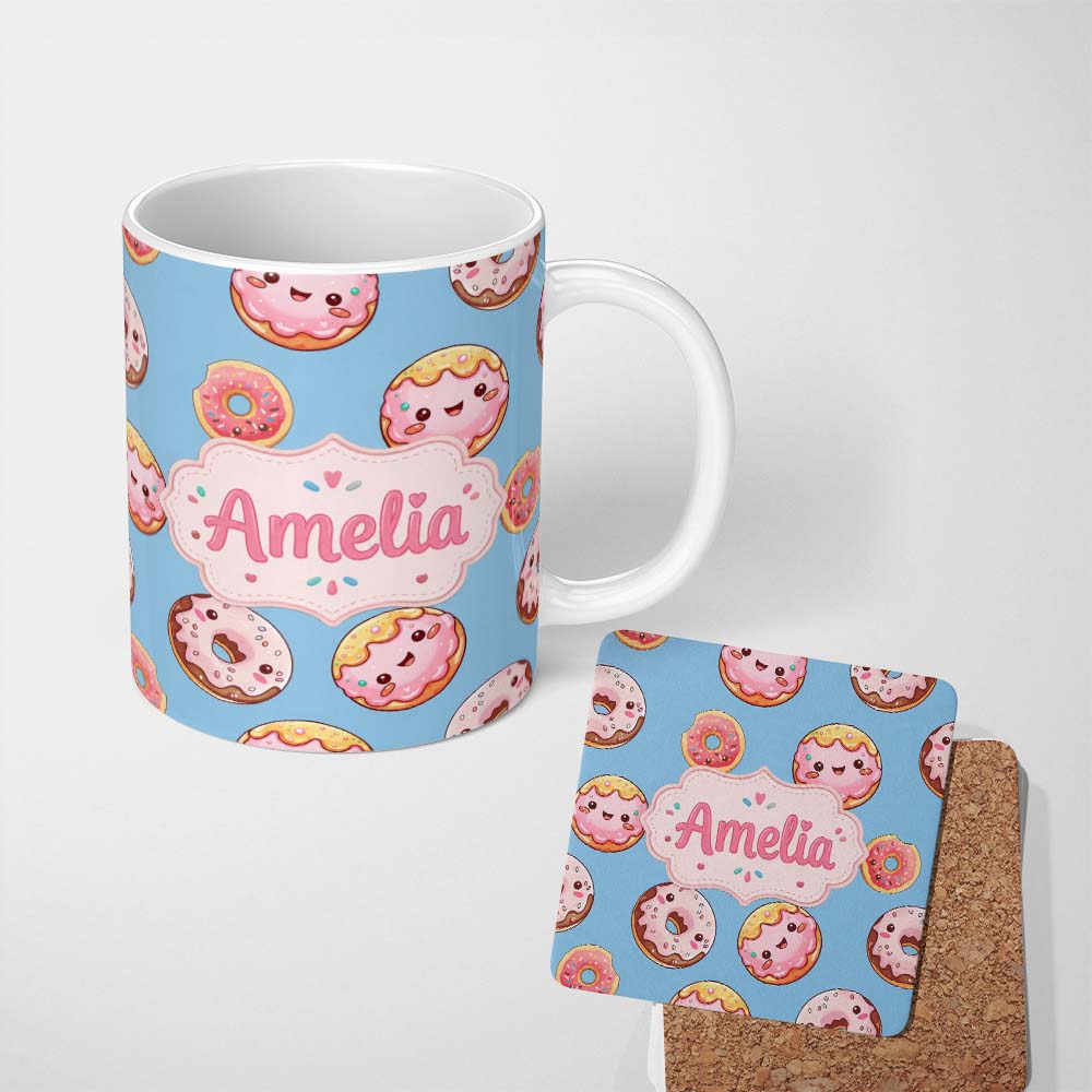 Personalized Custom Name Cute Kawaii Donuts with Pink Icing Sky Blue Background Seamless 11oz Ceramic Coffee Tea Mug White Large Handle