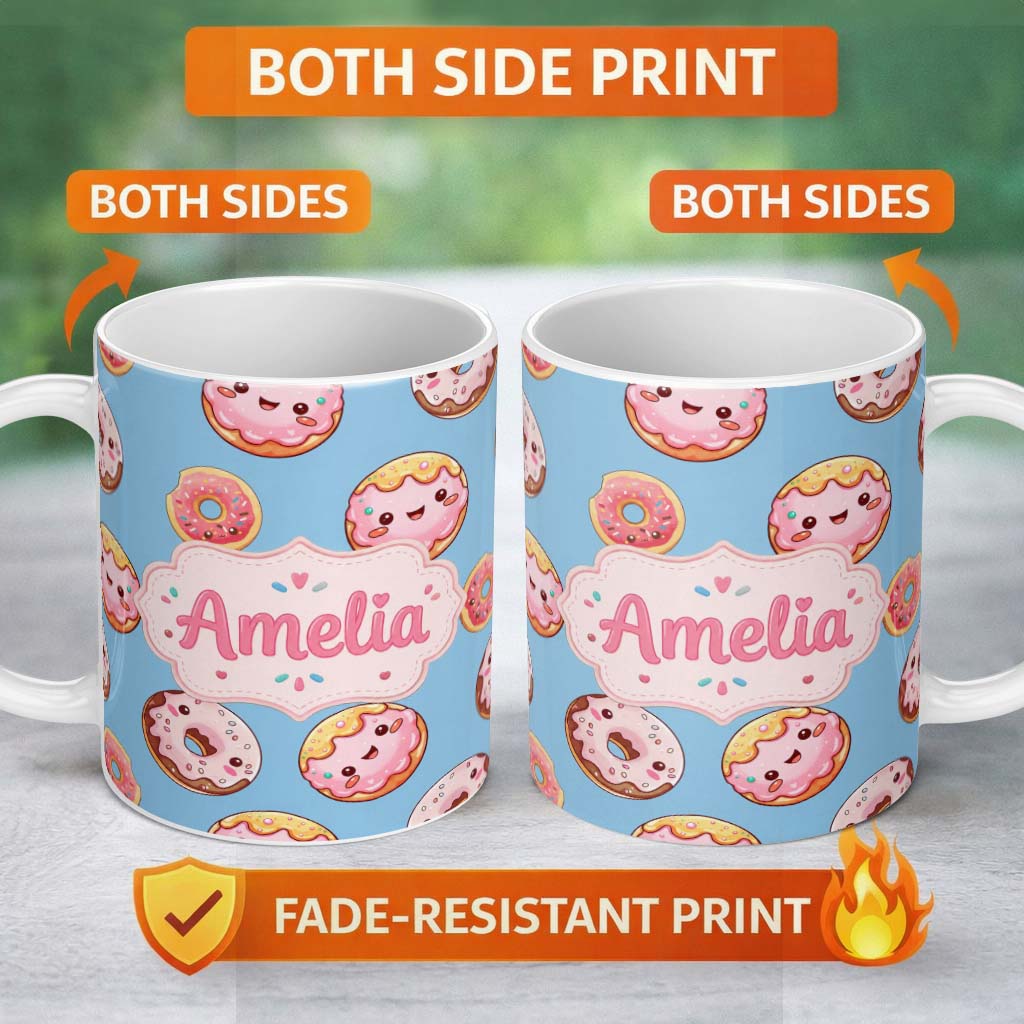 Personalized Custom Name Cute Kawaii Donuts with Pink Icing Sky Blue Background Seamless 11oz Ceramic Coffee Tea Mug White Large Handle