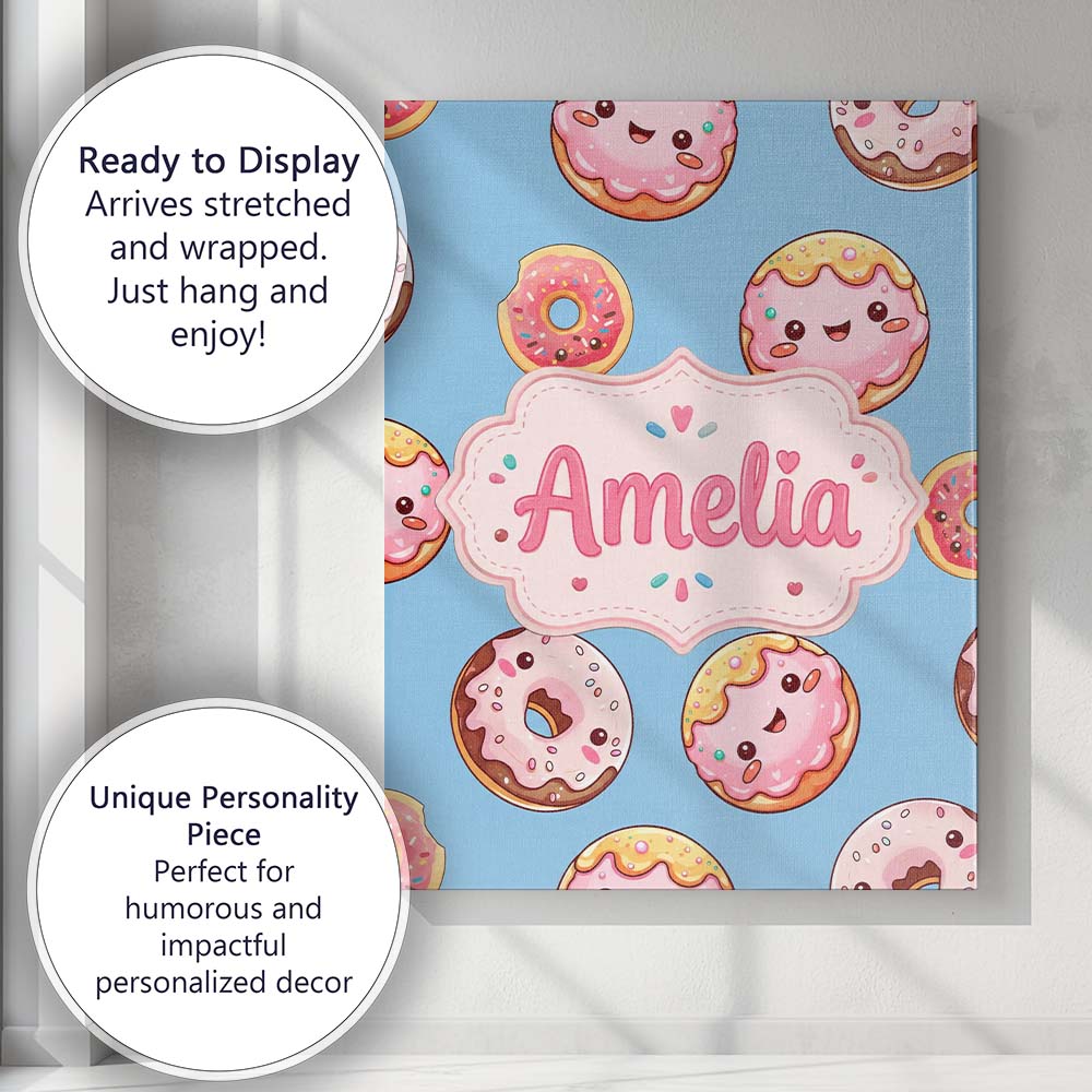 Personalised Name Cute Kawaii Donuts with Custom Unique Gift Idea Elegant Feature Canvas Wall Art Print Decor Picture Ready to Hang