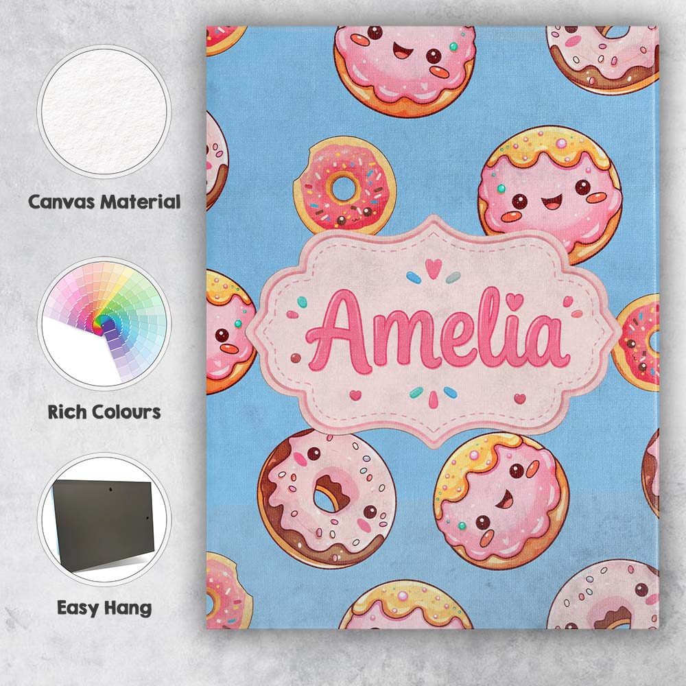 Personalised Name Cute Kawaii Donuts with Custom Unique Gift Idea Elegant Feature Canvas Wall Art Print Decor Picture Ready to Hang