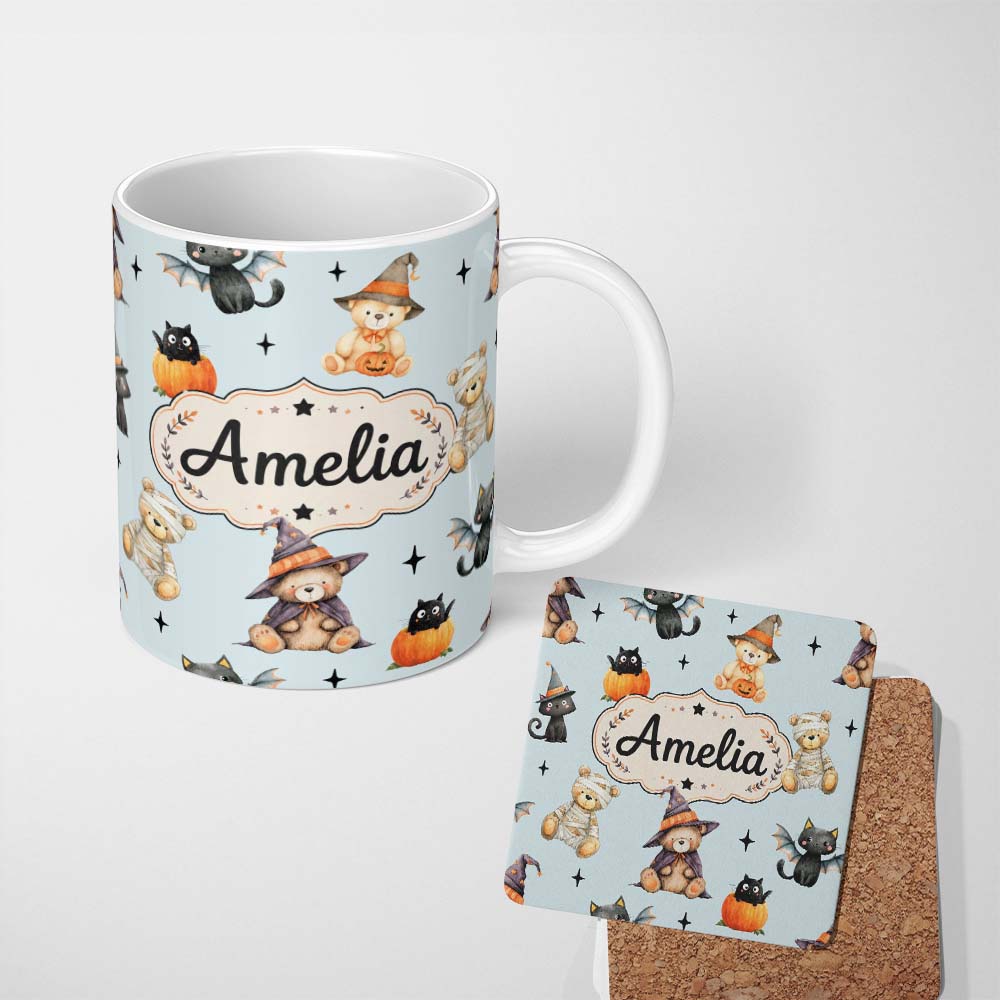 Personalized Custom Name Cute Halloween Teddy Bears Mummy Witch Cat Pumpkin Stars Blue 11oz Ceramic Coffee Tea Mug White Large Handle