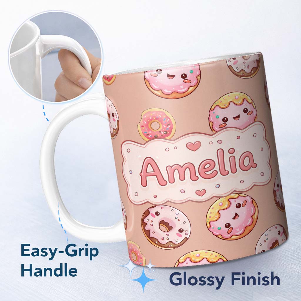 Personalized Custom Name Cute Kawaii Donuts with Pink Icing Peach Background Seamless 11oz Ceramic Coffee Tea Mug White Large Handle