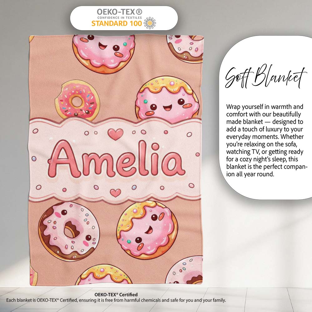 Cute Kawaii Donuts with Pink Icing Peach Background Seamless Personalised Custom Name Super Soft Fleece Blanket Bed Sofa Throw
