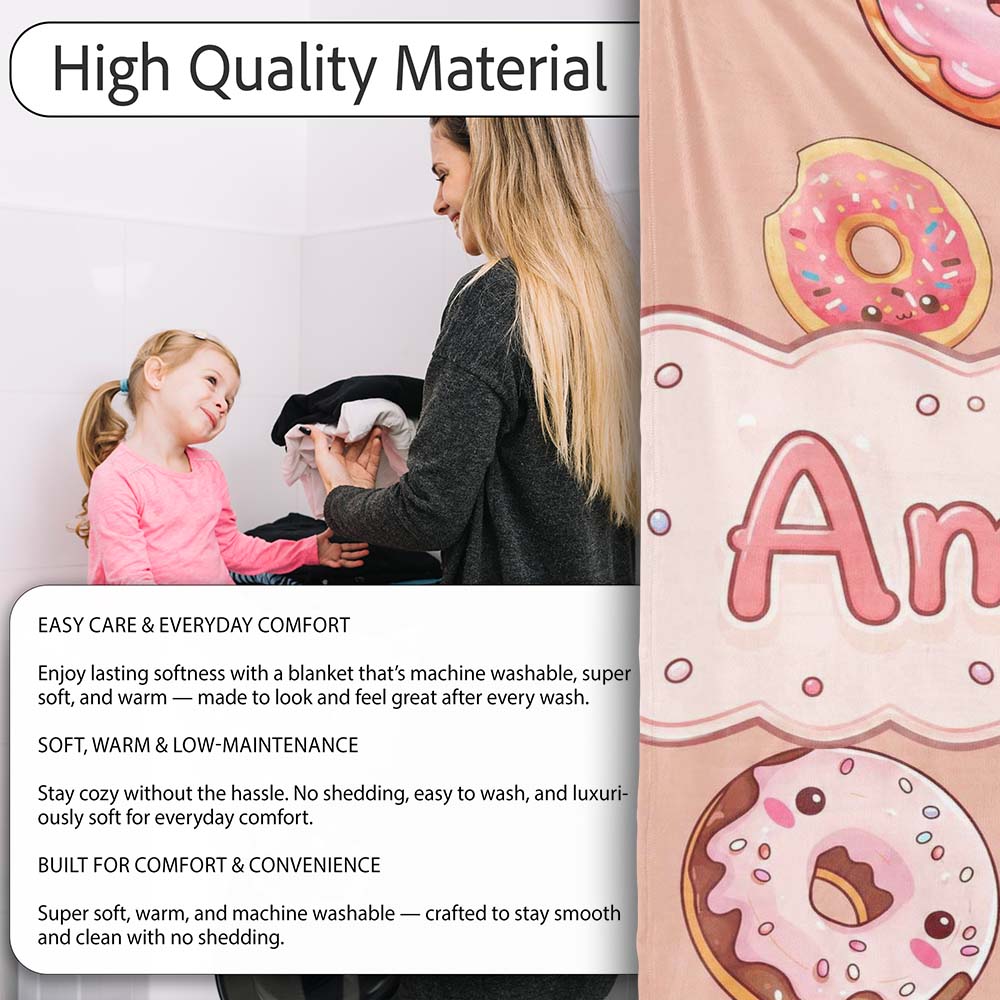 Cute Kawaii Donuts with Pink Icing Peach Background Seamless Personalised Custom Name Super Soft Fleece Blanket Bed Sofa Throw