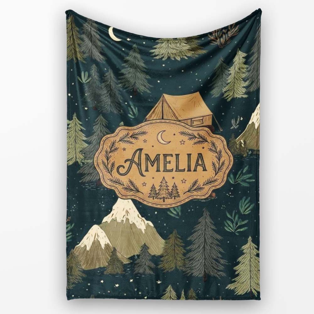 Night Forest Camping Tent Scenic Seamless Pattern Cute Unique Gift Personalised Custom Name Super Soft Fleece Blanket Bed Sofa Throw